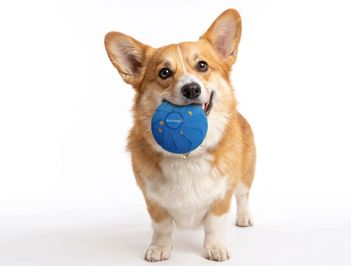 Dog holding a blue ball with a brand logo on a white background