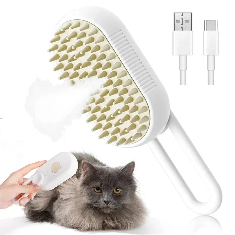 Pet grooming brush with USB cable, used on a gray cat