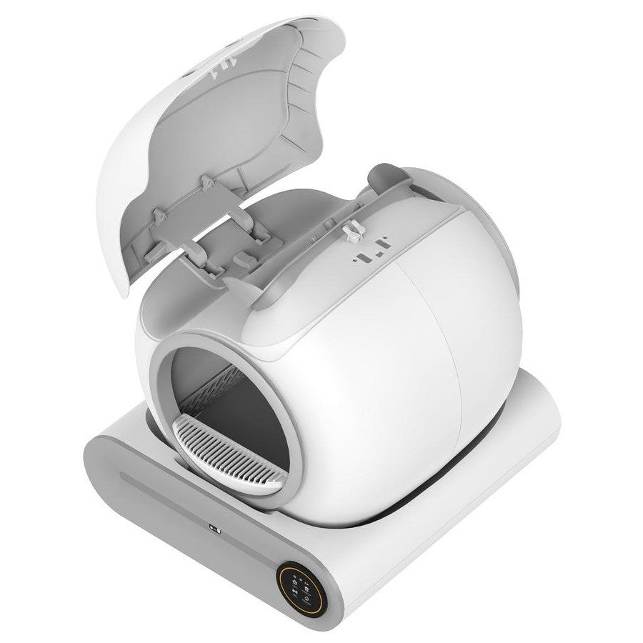 White smart cat litter with the cover opened showing inside.