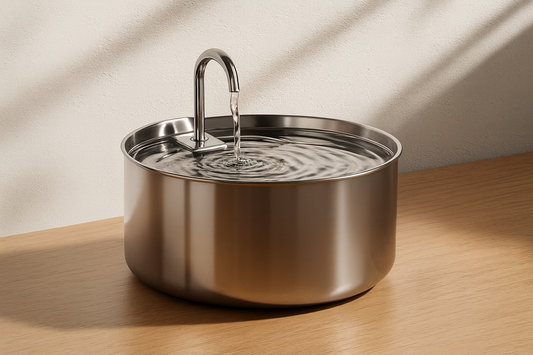Stainless steel pet water fountain on a wooden surface, with a gentle stream of flowing water and soft sunlight casting shadows on the wall.