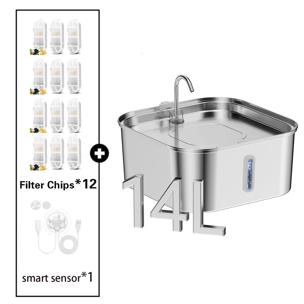 Stainless steel water feeder with filter chips and sensor on a white background