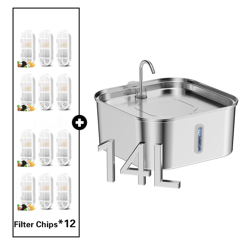 Stainless steel water feeder with filter chips on a white background