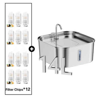 Stainless steel water feeder with filter chips on a white background
