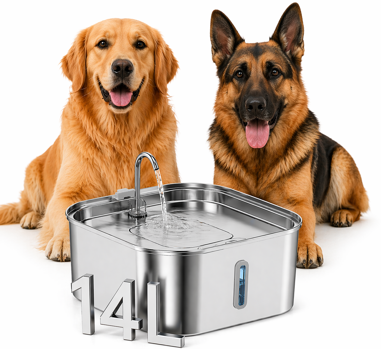 Two dogs sitting next to a metallic pet water fountain on a white background
