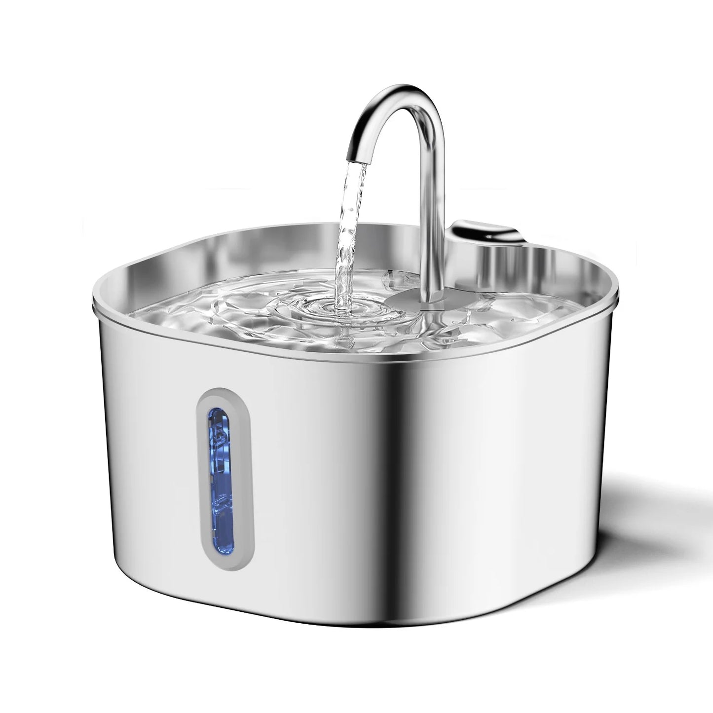 Stainless steel pet water fountain on a white background