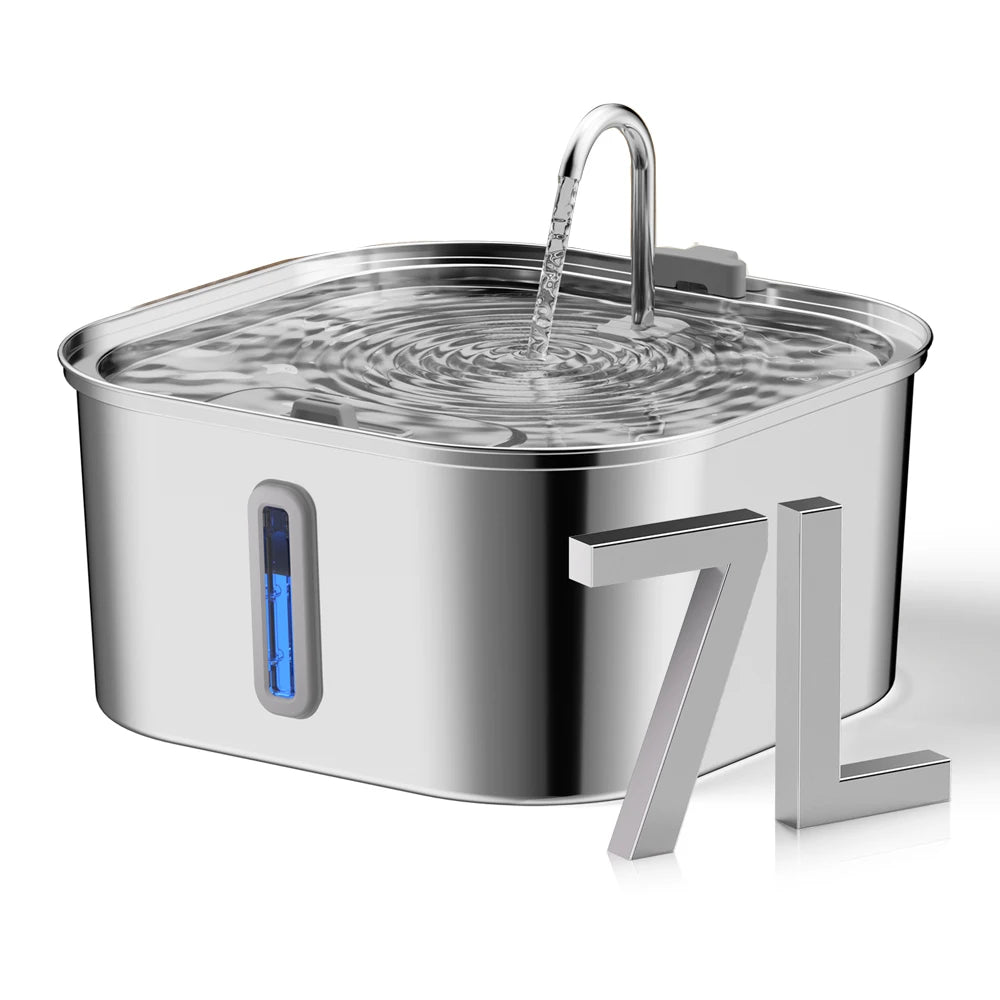 Stainless steel pet water fountain with digital display on a white background