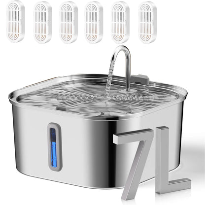 Stainless steel pet water fountain with LED indicator and multiple filters on a white background