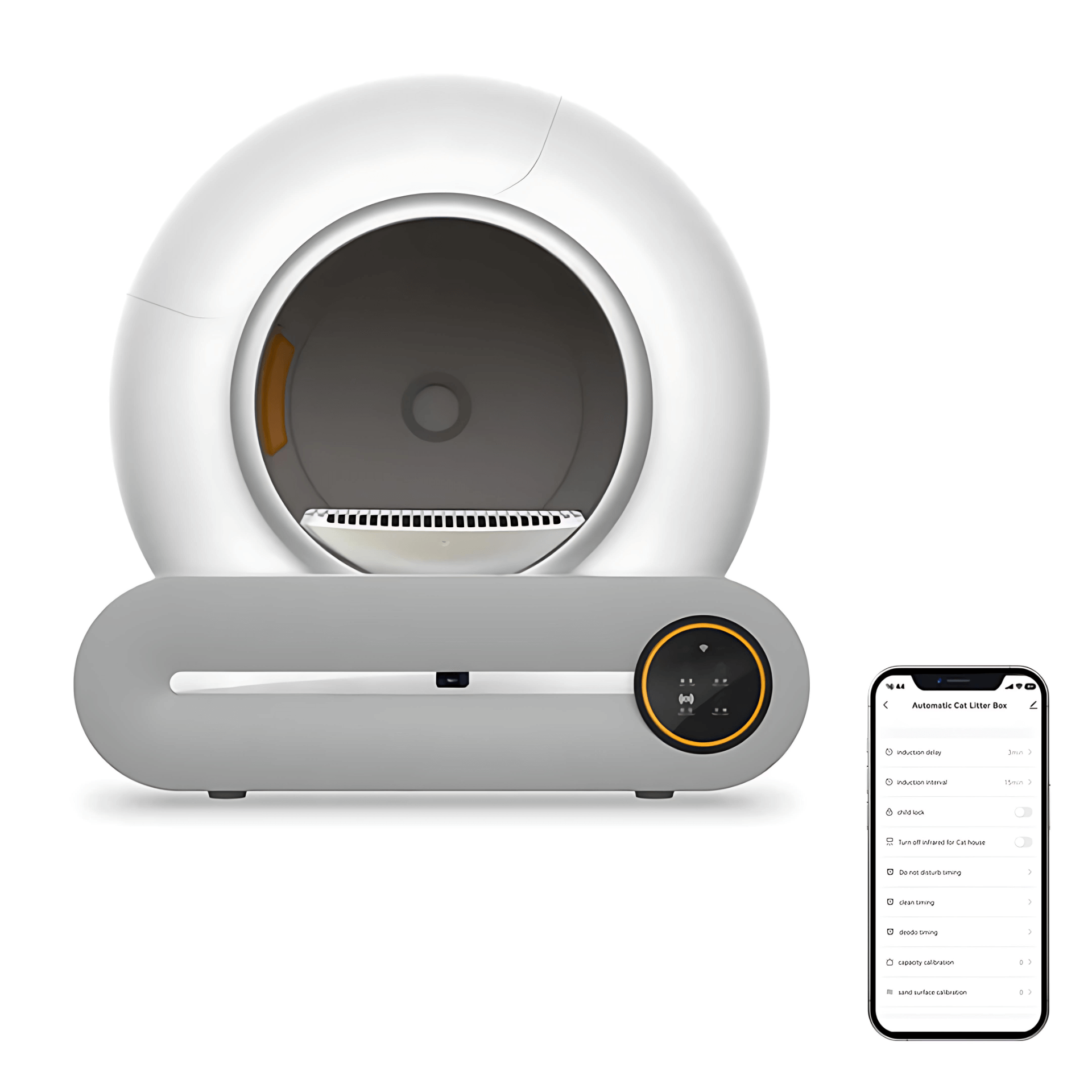 Pet product with a smartphone displaying an app interface on a white background