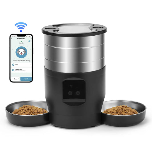 Smart pet feeder with two bowls of kibble and a smartphone app displayed on a white background