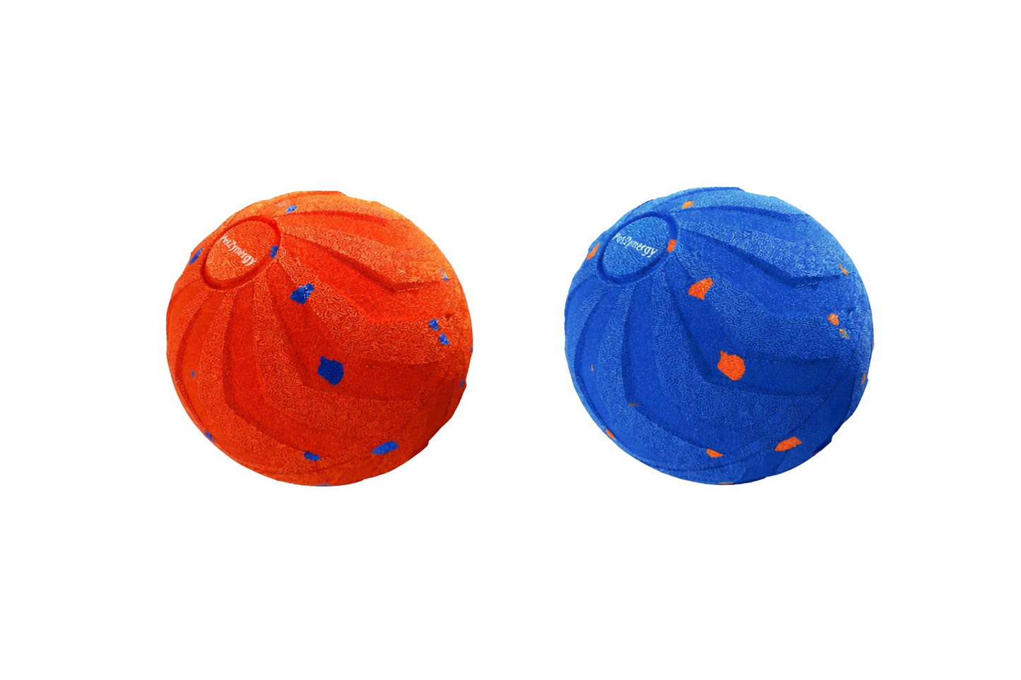 Two colorful balls, one orange and one blue, on a white background.