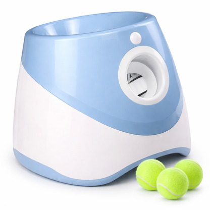 Blue and white pet toy with three green tennis balls on a white 