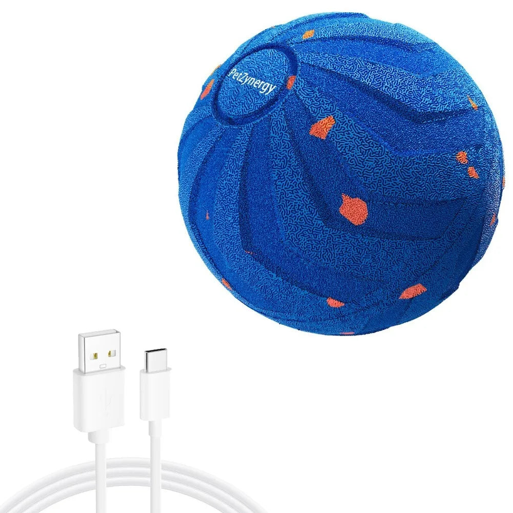 Blue pet toy with orange spots and a USB cable on a white background