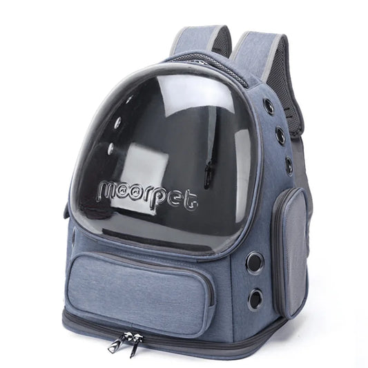Blue pet backpack with transparent front on a white background