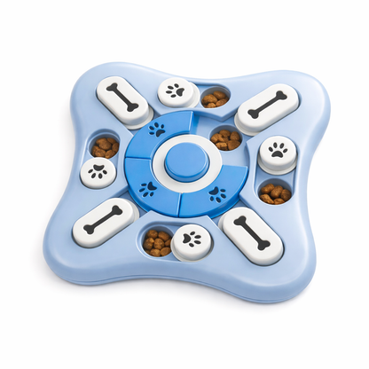 Blue pet puzzle toy with food compartments on a white background