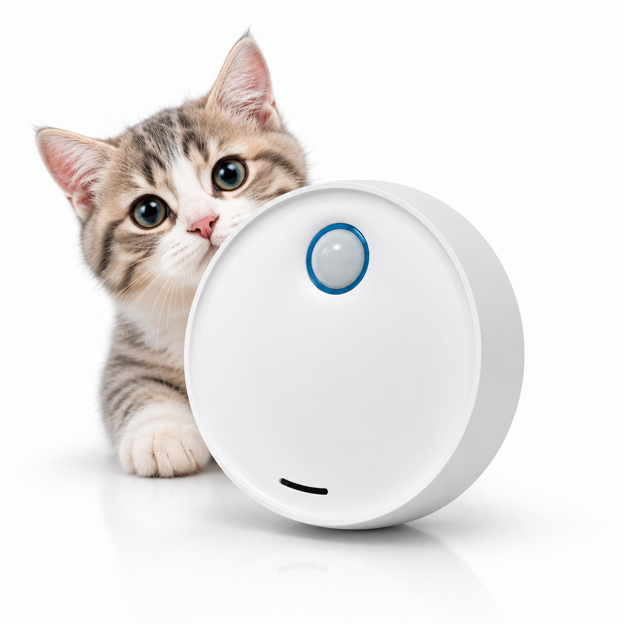 Cat peeking behind a white cylindrical device with a blue light on a white background