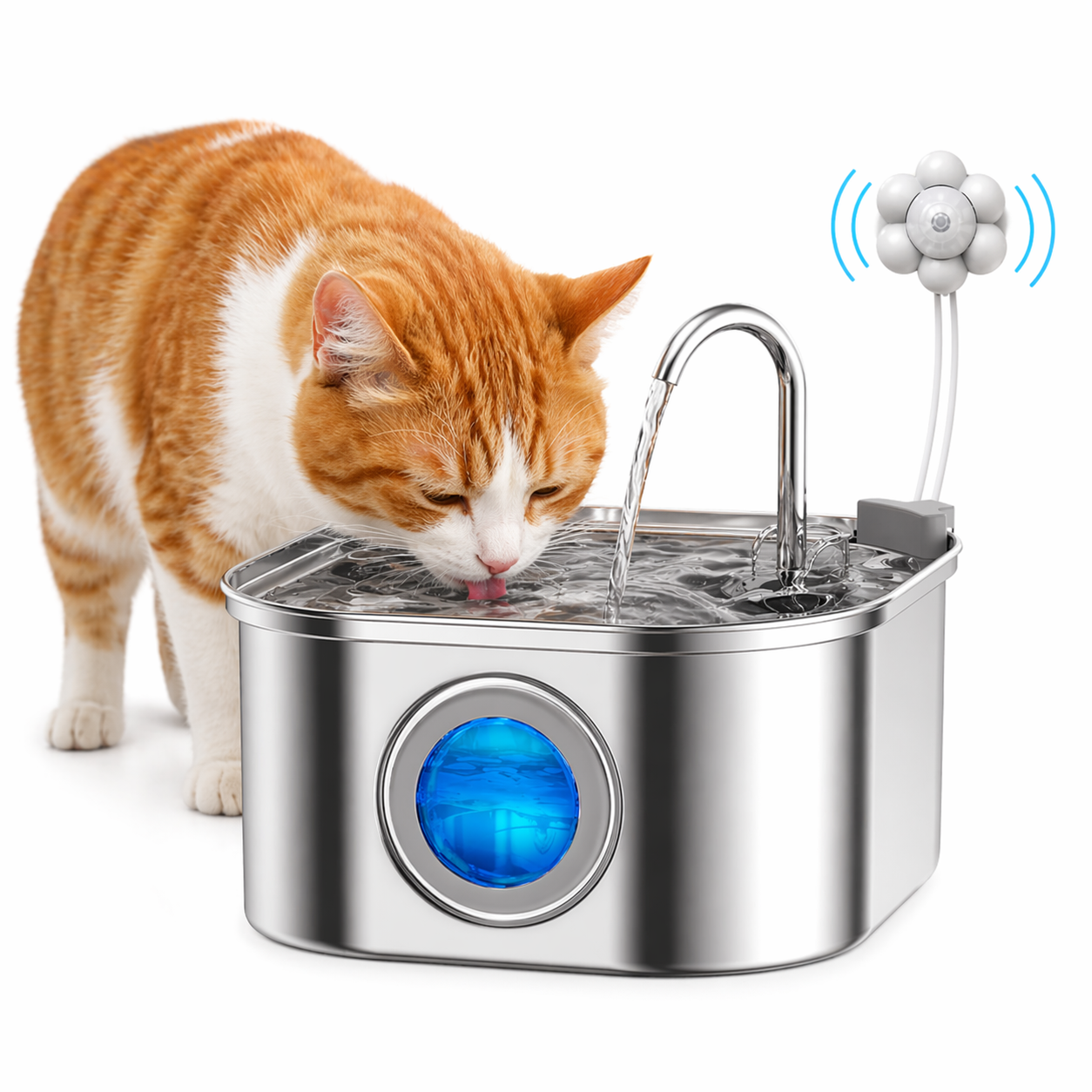 Cat drinking water from a stainless steel pet fountain with a blue light indicator.