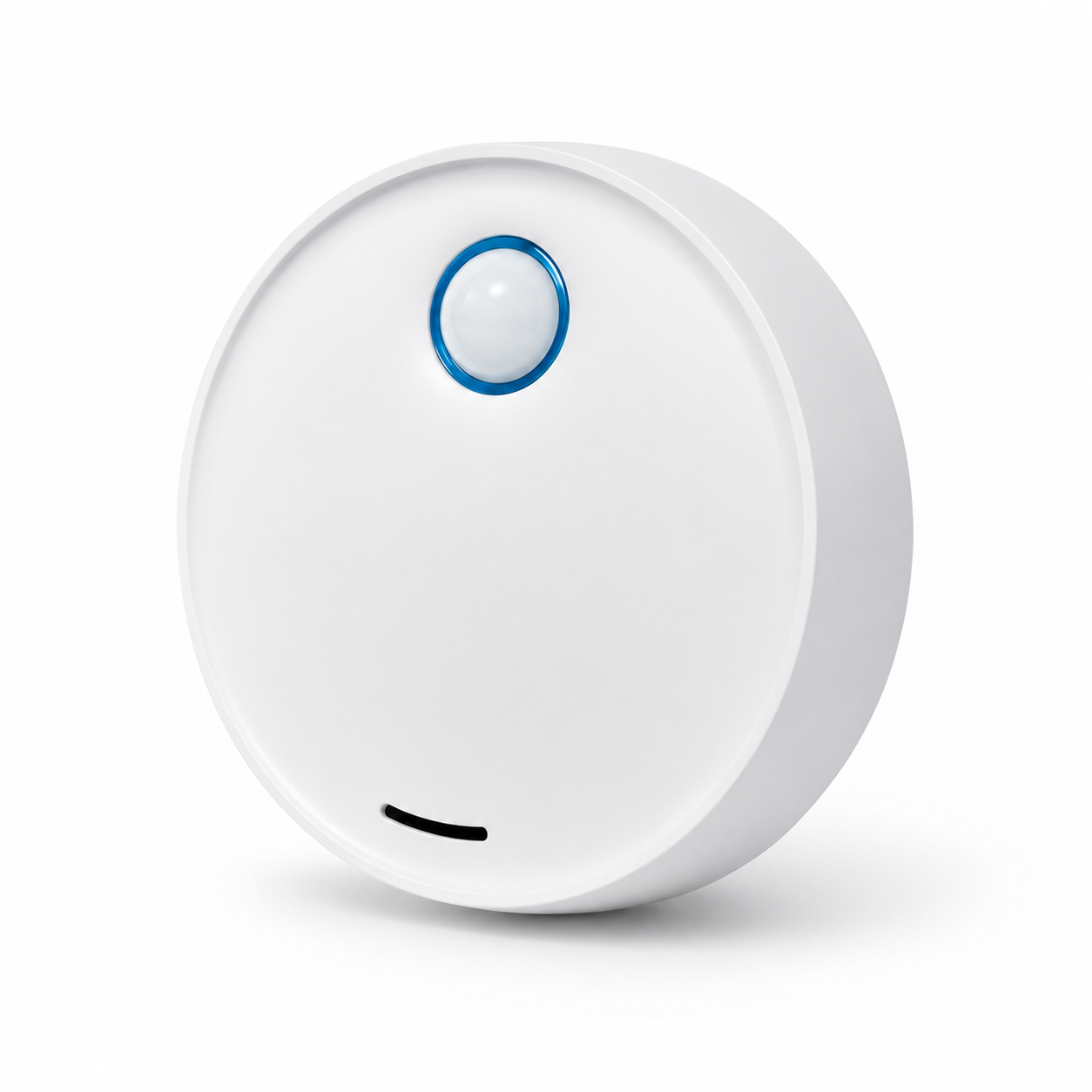 Round white device deodoriser with a blue light on a white background