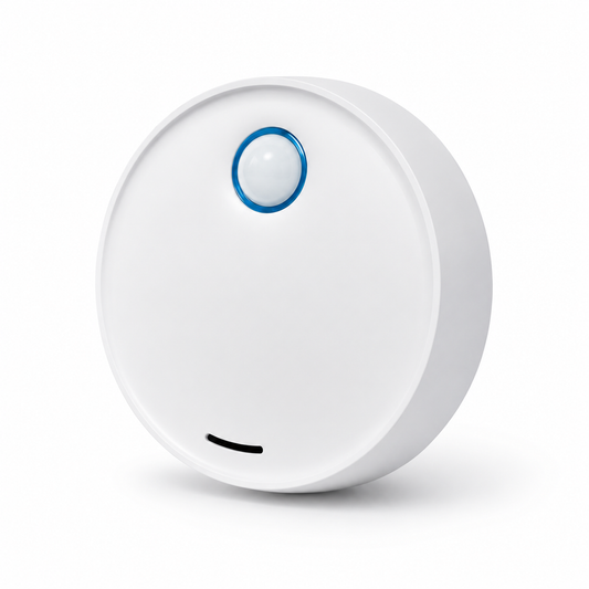 Round white device deodoriser with a blue light on a white background