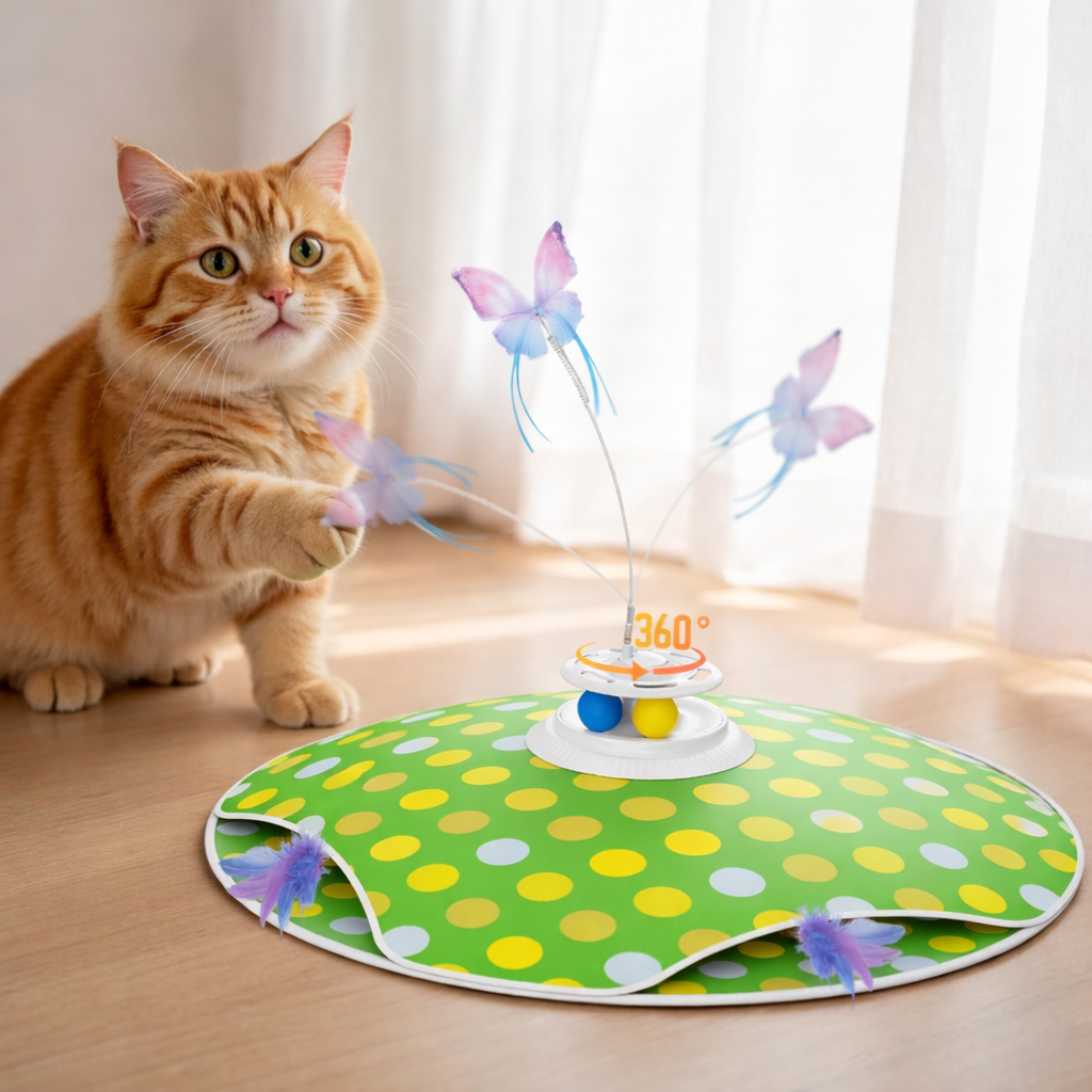 Cat playing with a colorful butterfly toy on a polka dot mat.