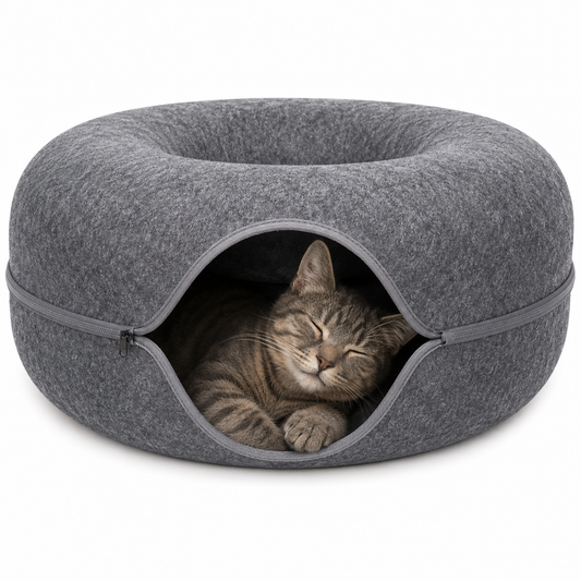 Cat inside of the cat cave bed with a white background