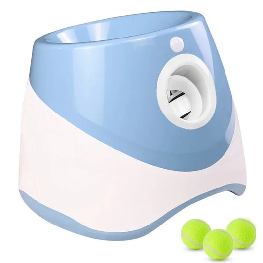 Blue and white pet toy with three green tennis balls on a white background