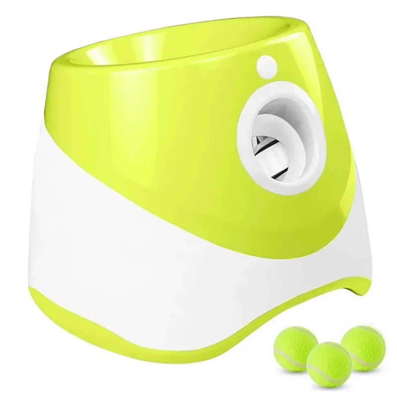 Green and white pet toy with tennis balls on a white background