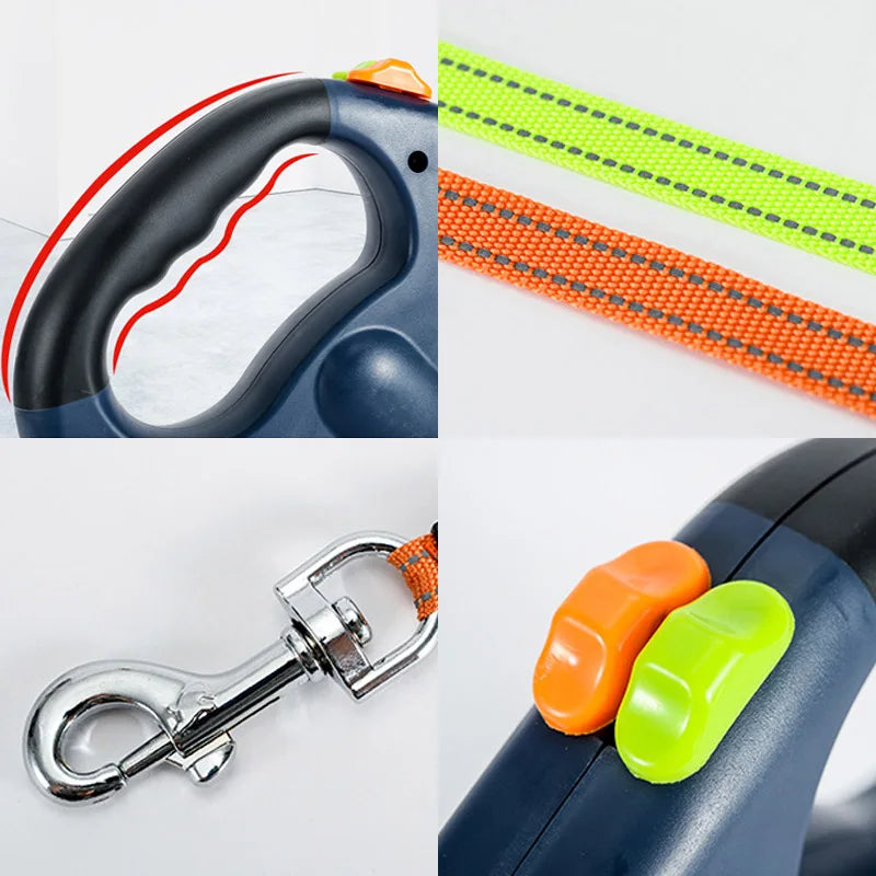Collage of dog leash and collar components including a carabiner, clip, and plastic parts.