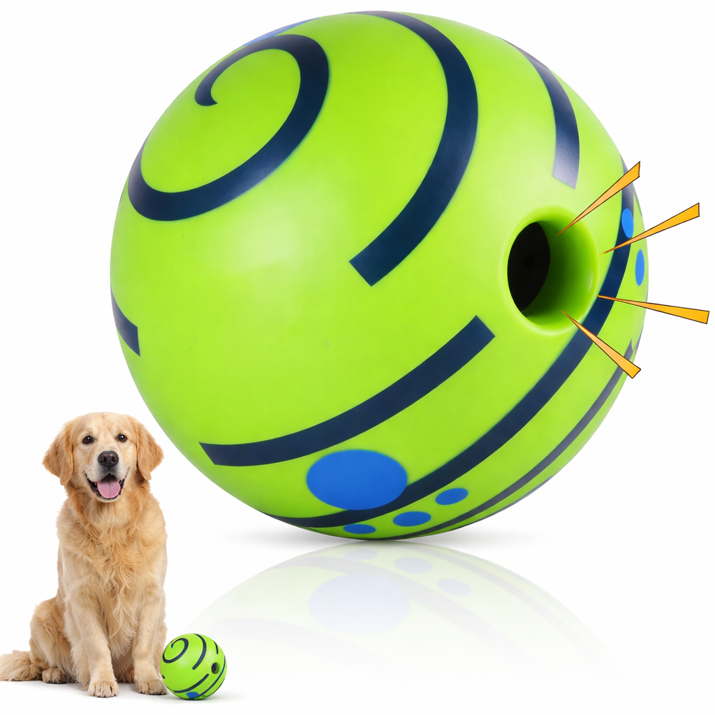 Dog sitting next to a large green and blue ball with spikes on a white background