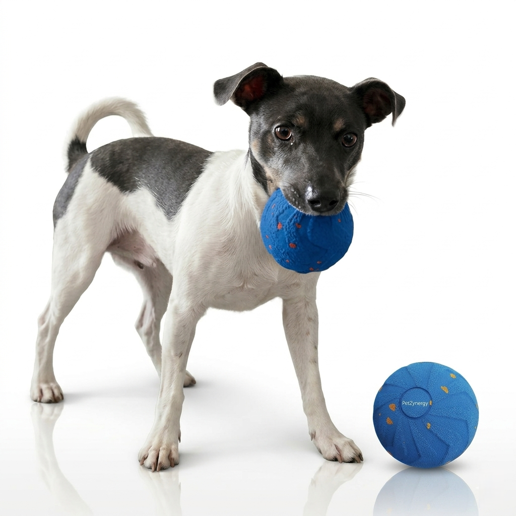 Dog playing with a blue ball on a white background