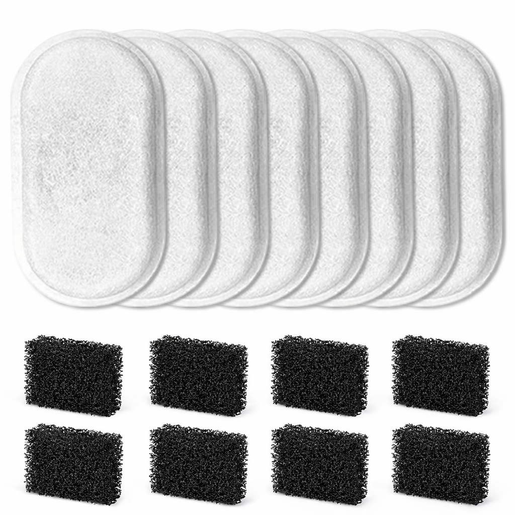 Set of white filter pads and black foam filters on a white background