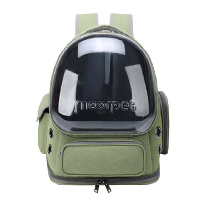 Green pet backpack with transparent front panel on a white background