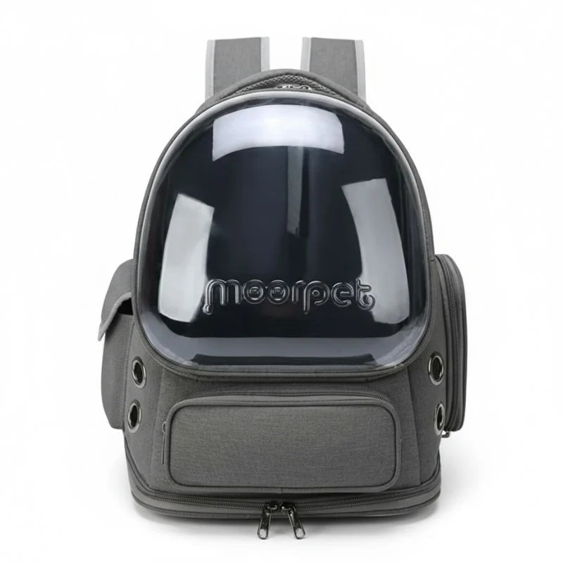 Grey pet carrier backpack with clear front panel on a white background