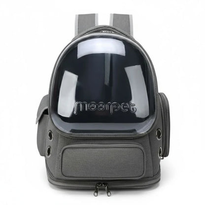Grey pet carrier backpack with clear front panel on a white background