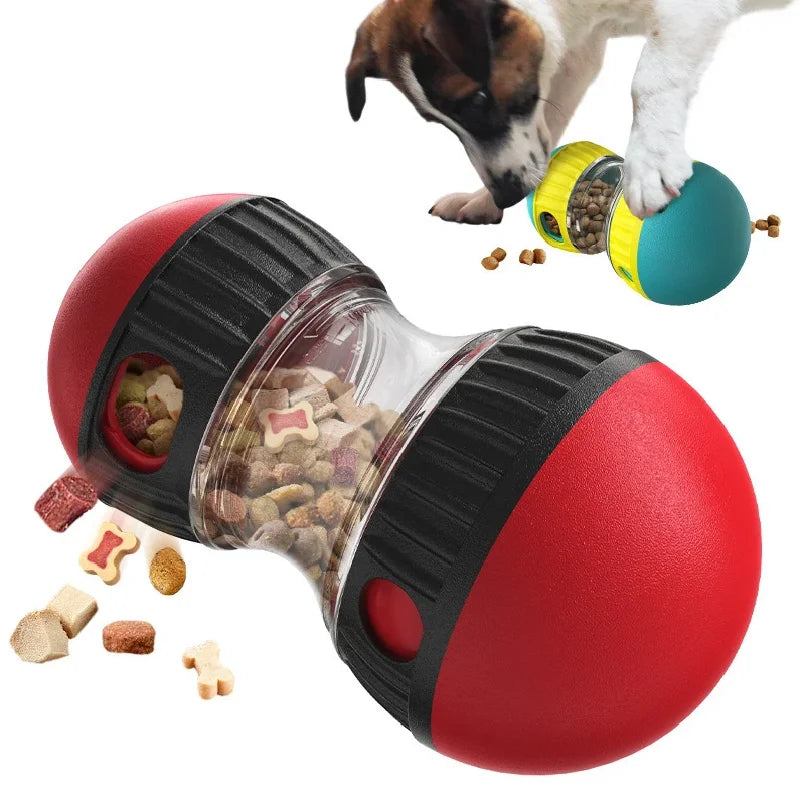 Red and black pet toy with food dispenser on a white background