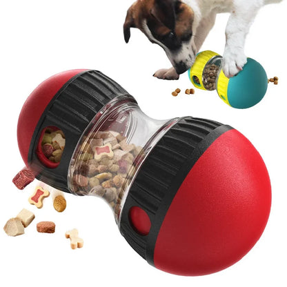Red and black pet toy with food dispenser on a white background