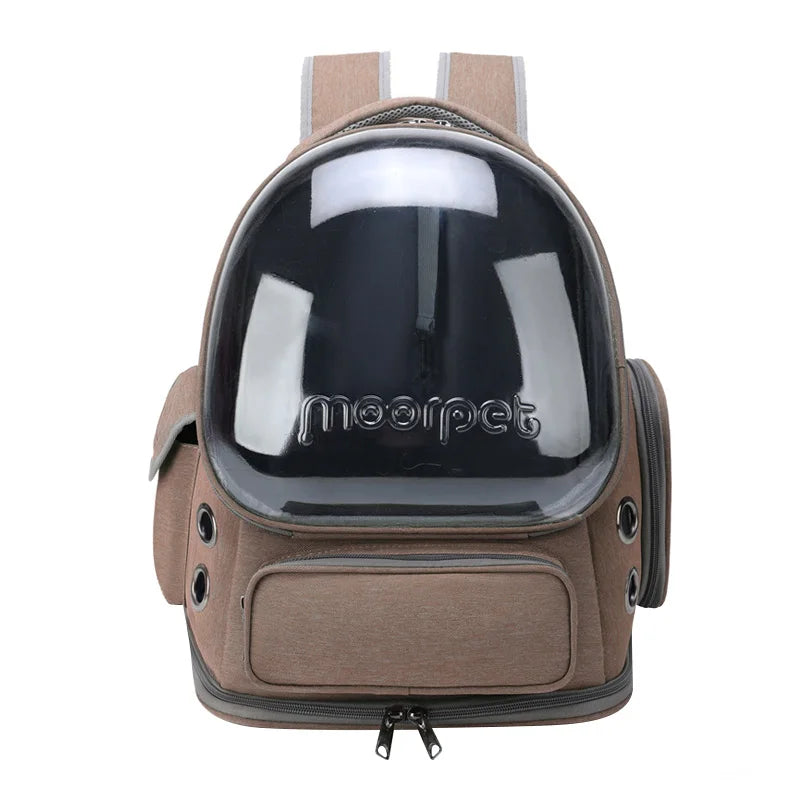 Khaki pet backpack with a transparent helmet on a white background
