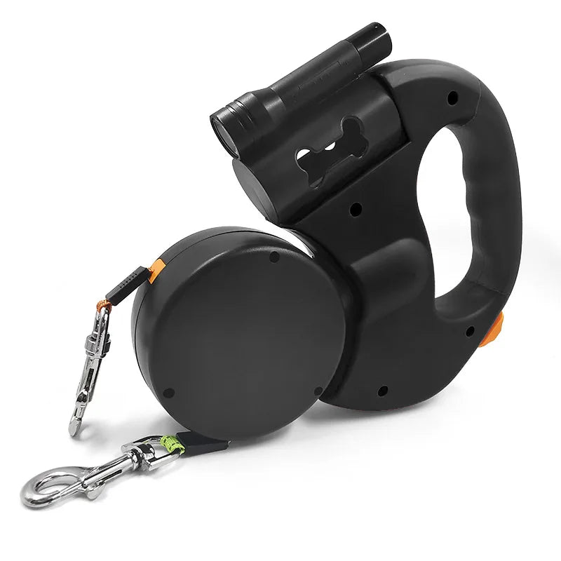 Black retractable dog leash with flashlight on a white background
