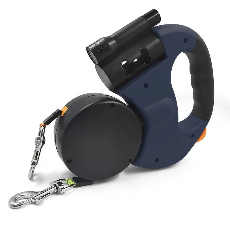 Retractable dog leash with flashlight on a white background