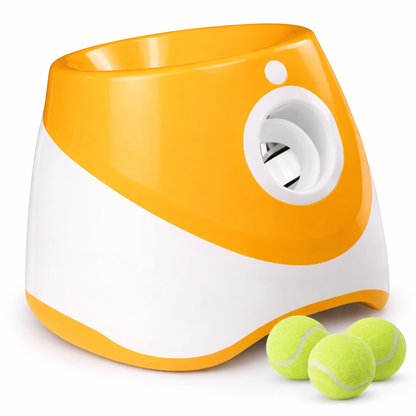 Orange and white tennis ball launcher with three tennis balls on a white background