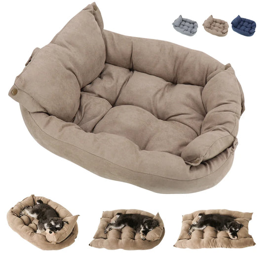 Brown pet bed with additional color options and pet lying on the bed.