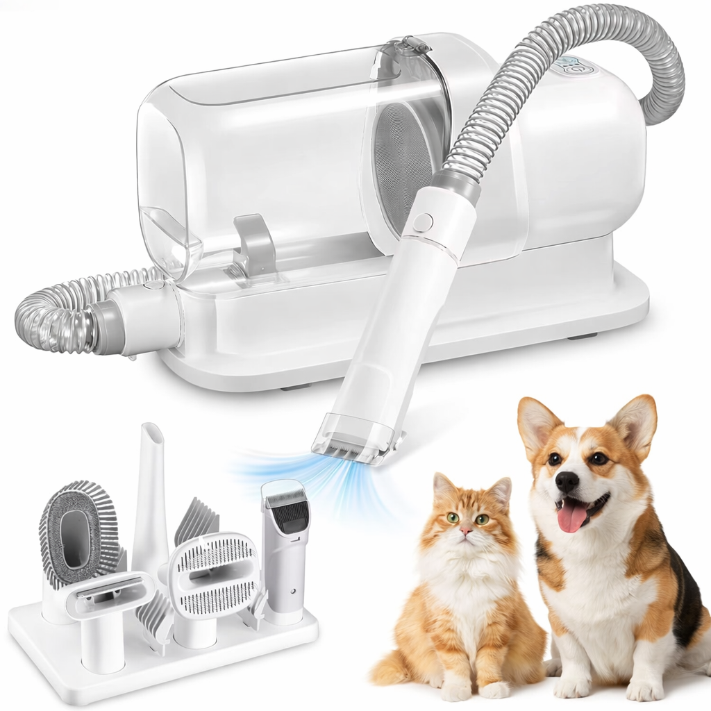 Pet grooming tool set with a dog and cat on a white background