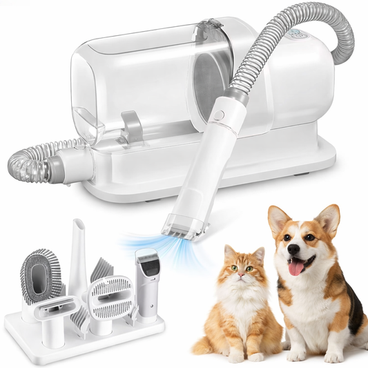 Pet grooming tool set with a dog and cat on a white background