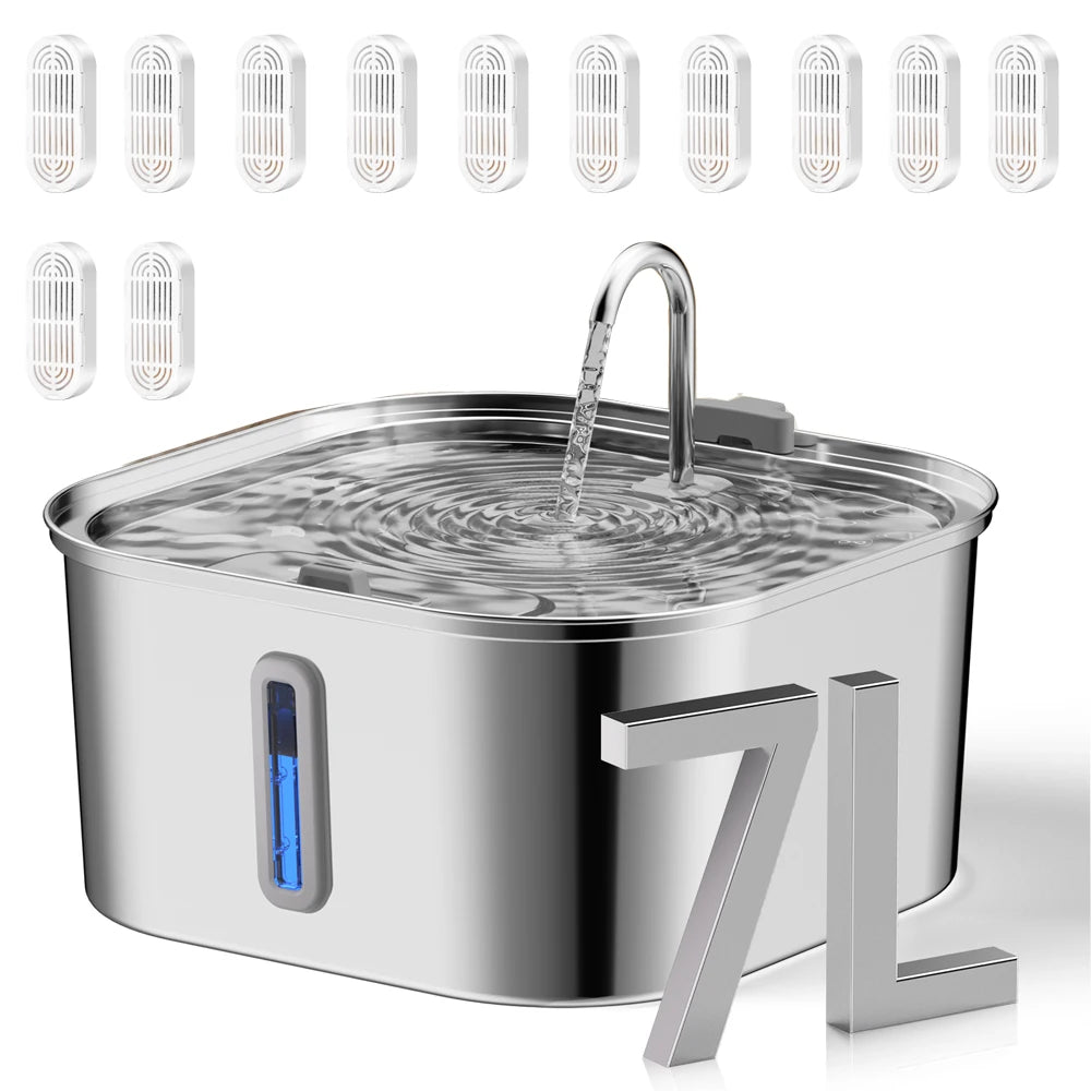 Stainless steel pet water fountain with water flowing, labeled '7L', on a white background.