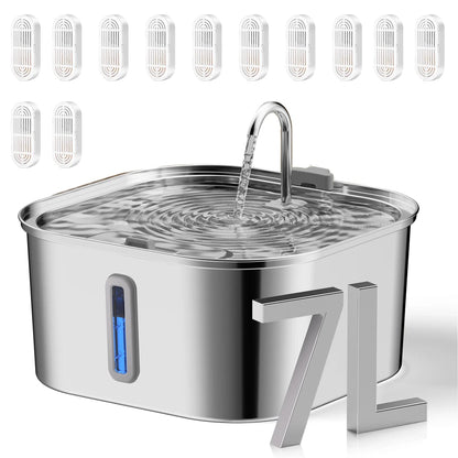 Stainless steel pet water fountain with water flowing, labeled '7L', on a white background.