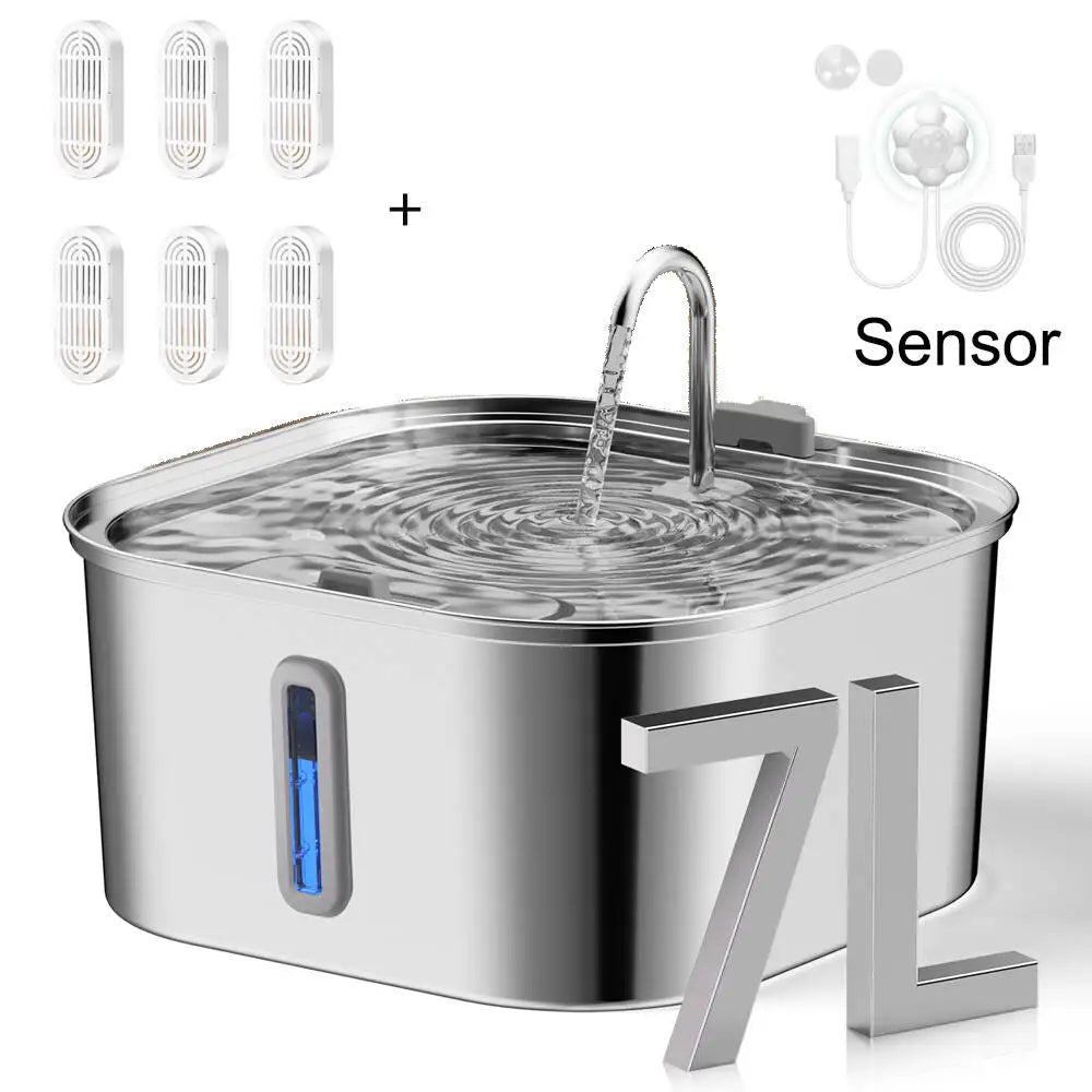 Stainless steel pet water fountain with water flowing, sensor, and additional filters shown on a white background.