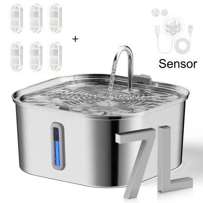 Stainless steel pet water fountain with water flowing, sensor, and additional filters shown on a white background.