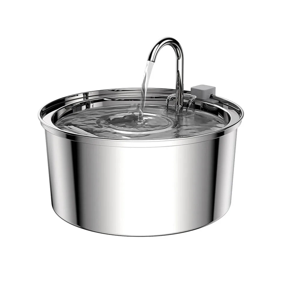 Stainless steel pet water fountain on a white background