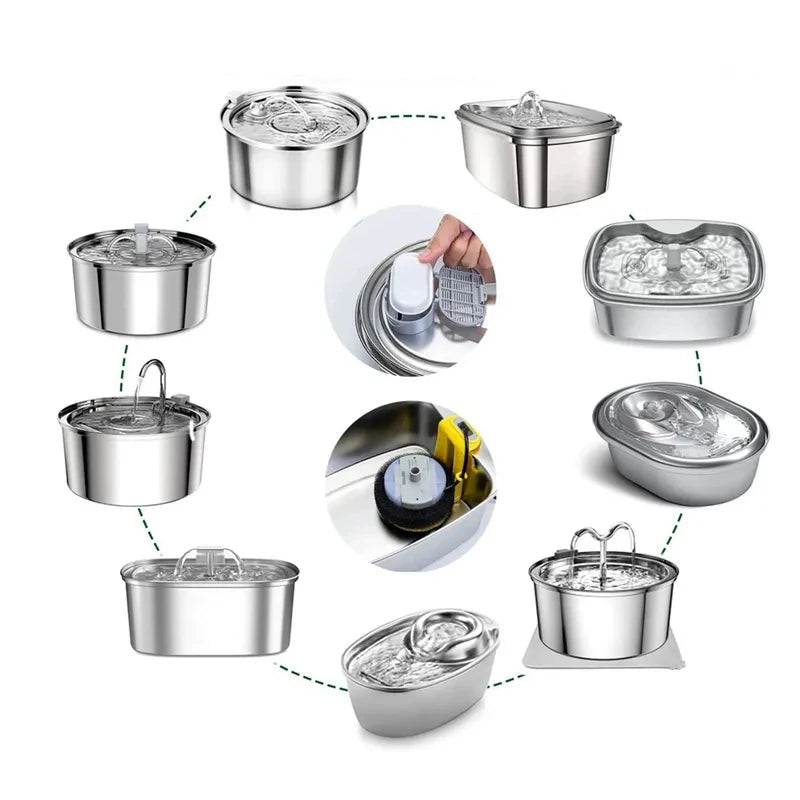 Set of stainless steel containers with lids on a white background
