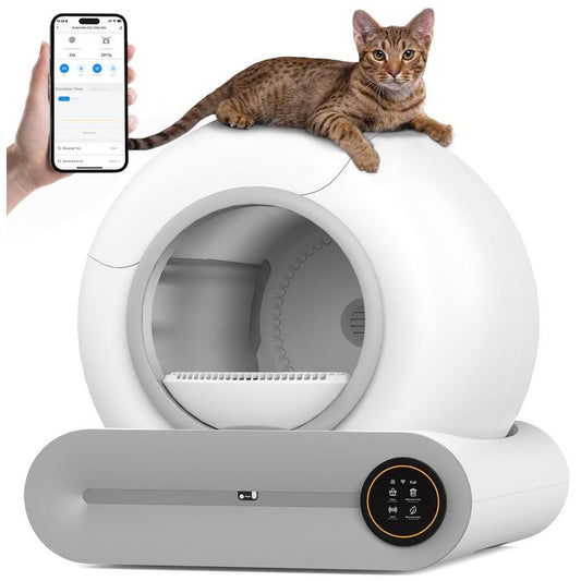 Pet litter box with a cat on top and a smartphone displaying app controls.