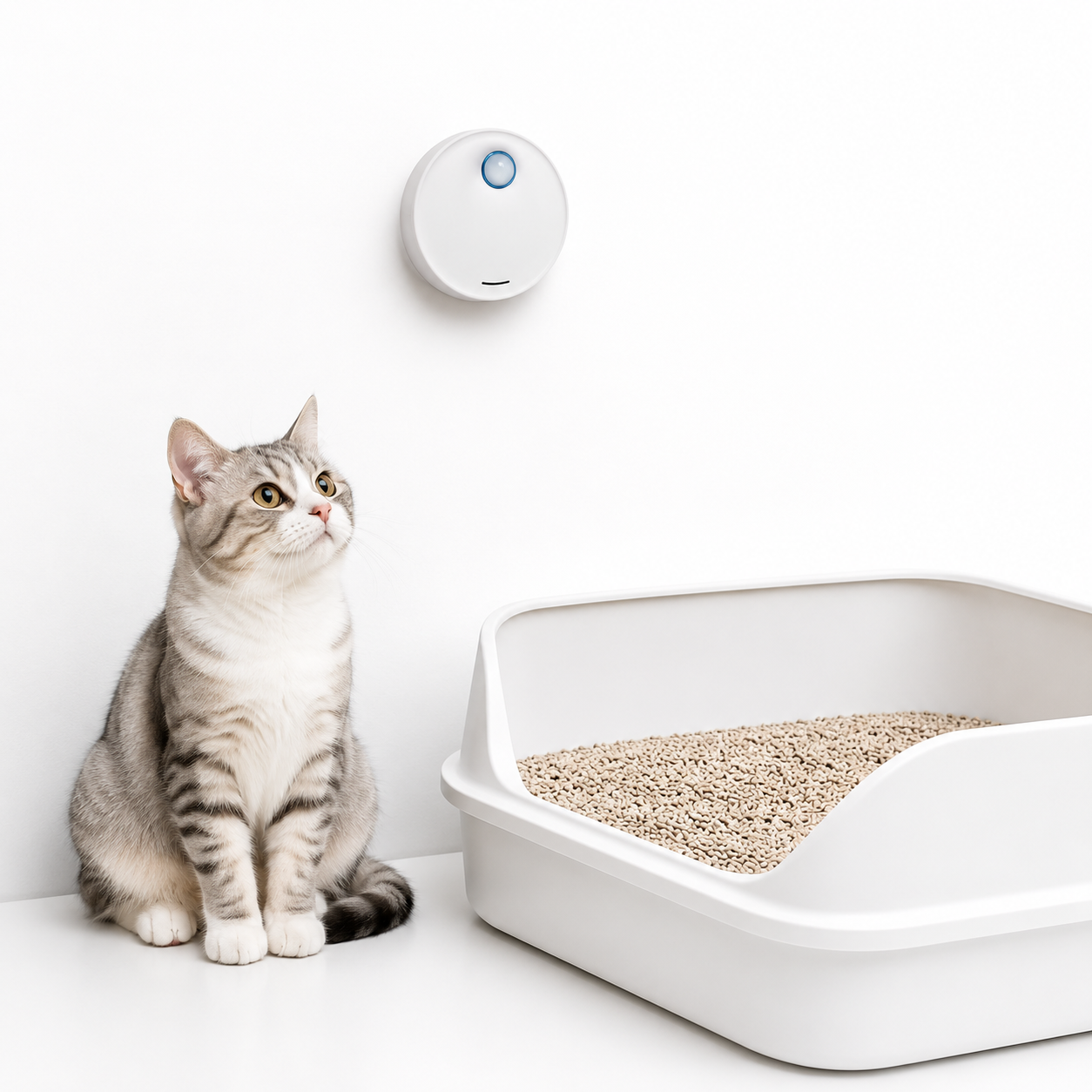 Smart deodorizer for cat litter box close to the cat and the cat litter 